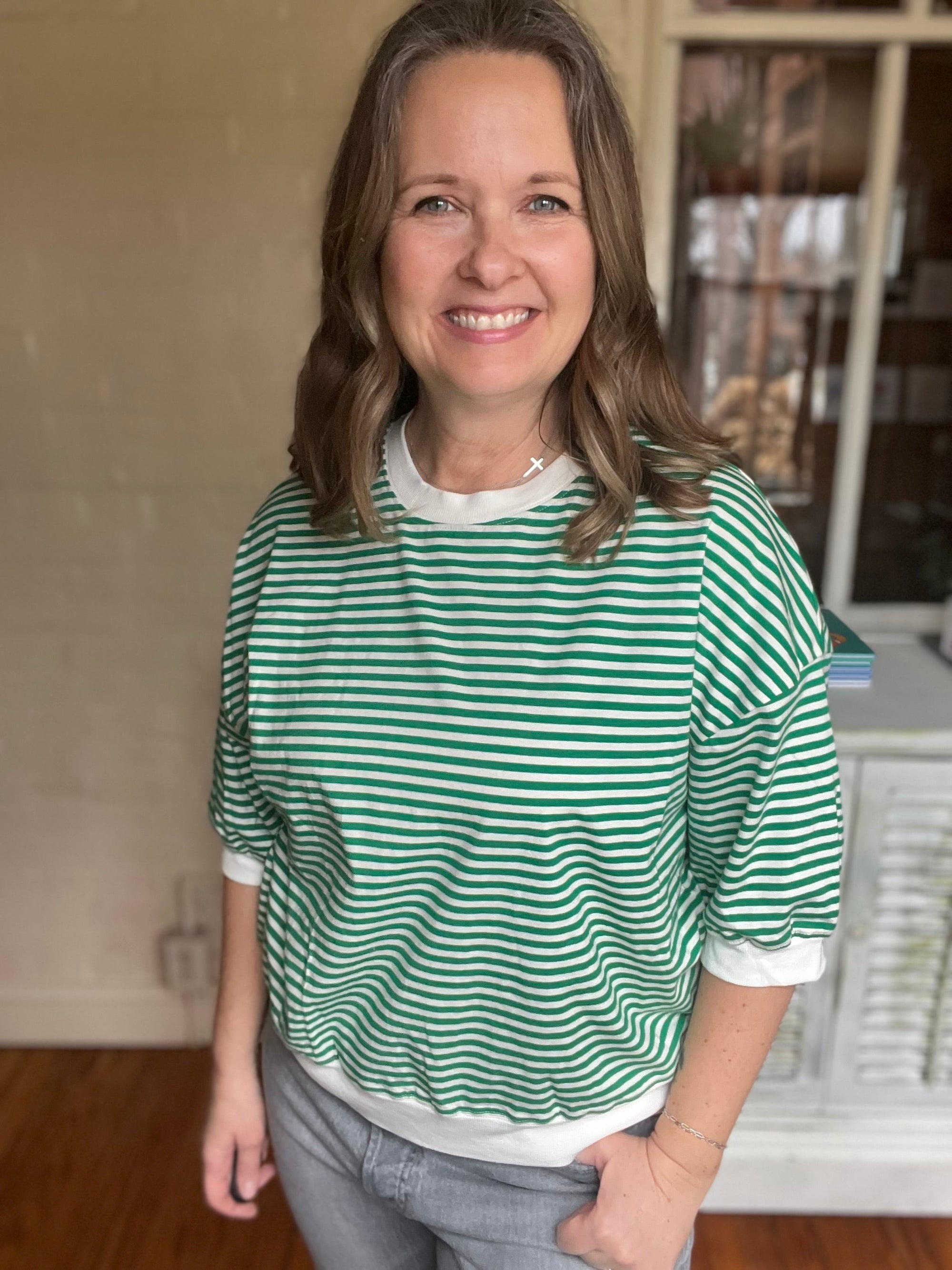 green and white stripe short sleeve top