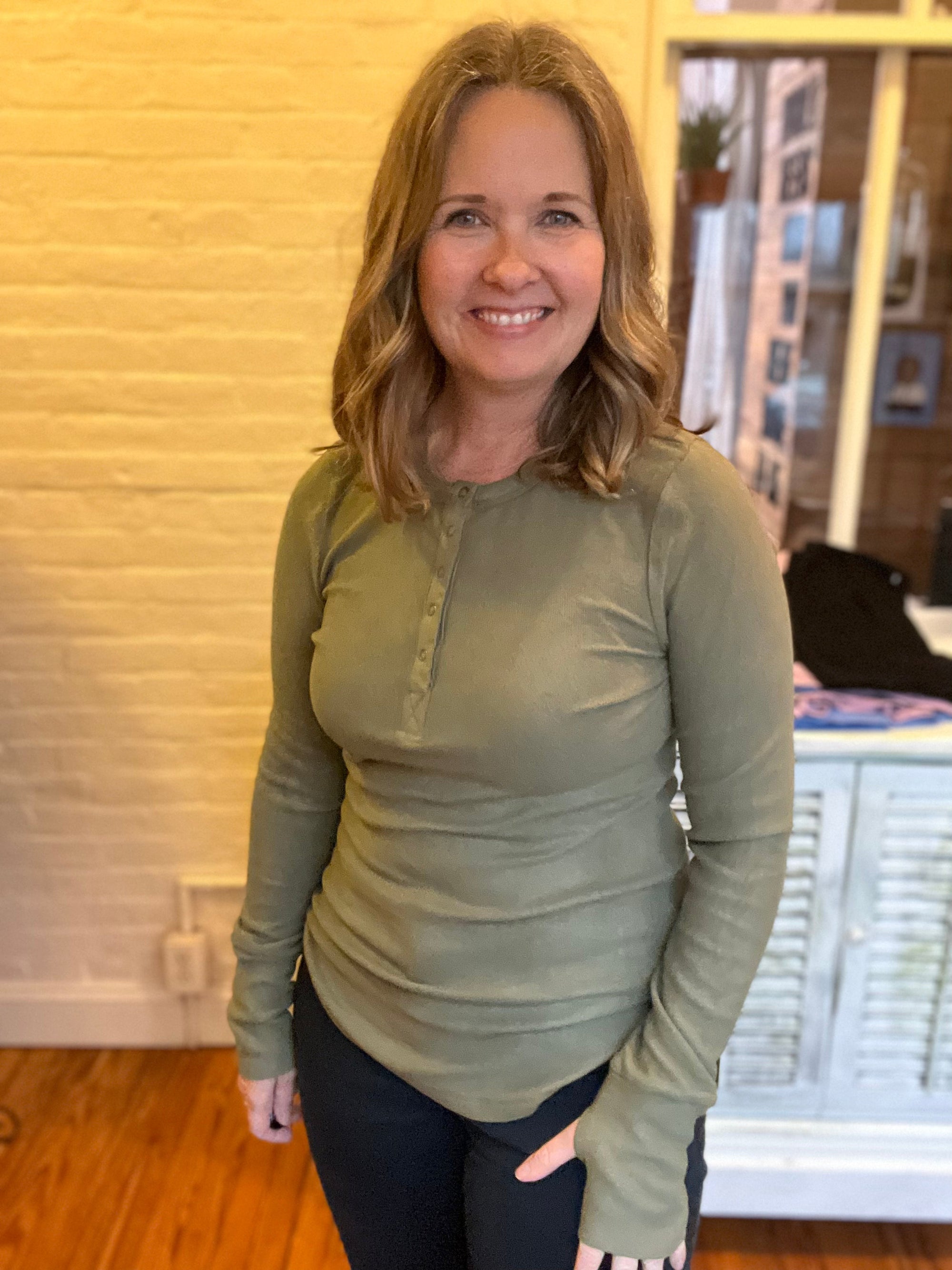 olive henley long sleeve top with thumb holes