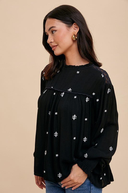 black floral baby doll long sleeve top
