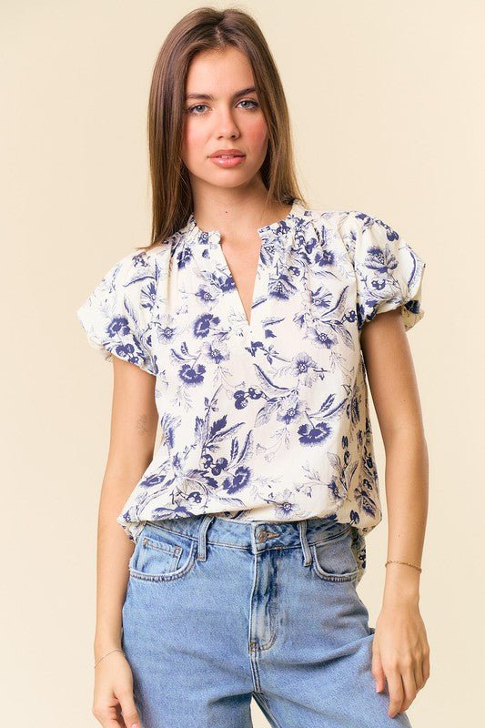 navy blue floral puff sleeve top