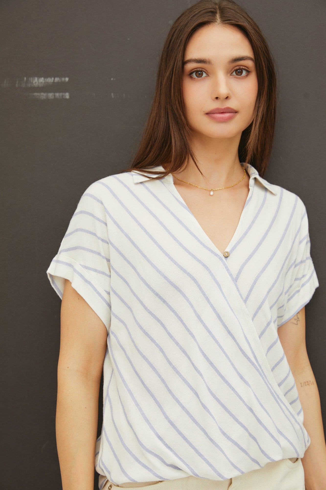 blue and white stripe surplice short sleeve top