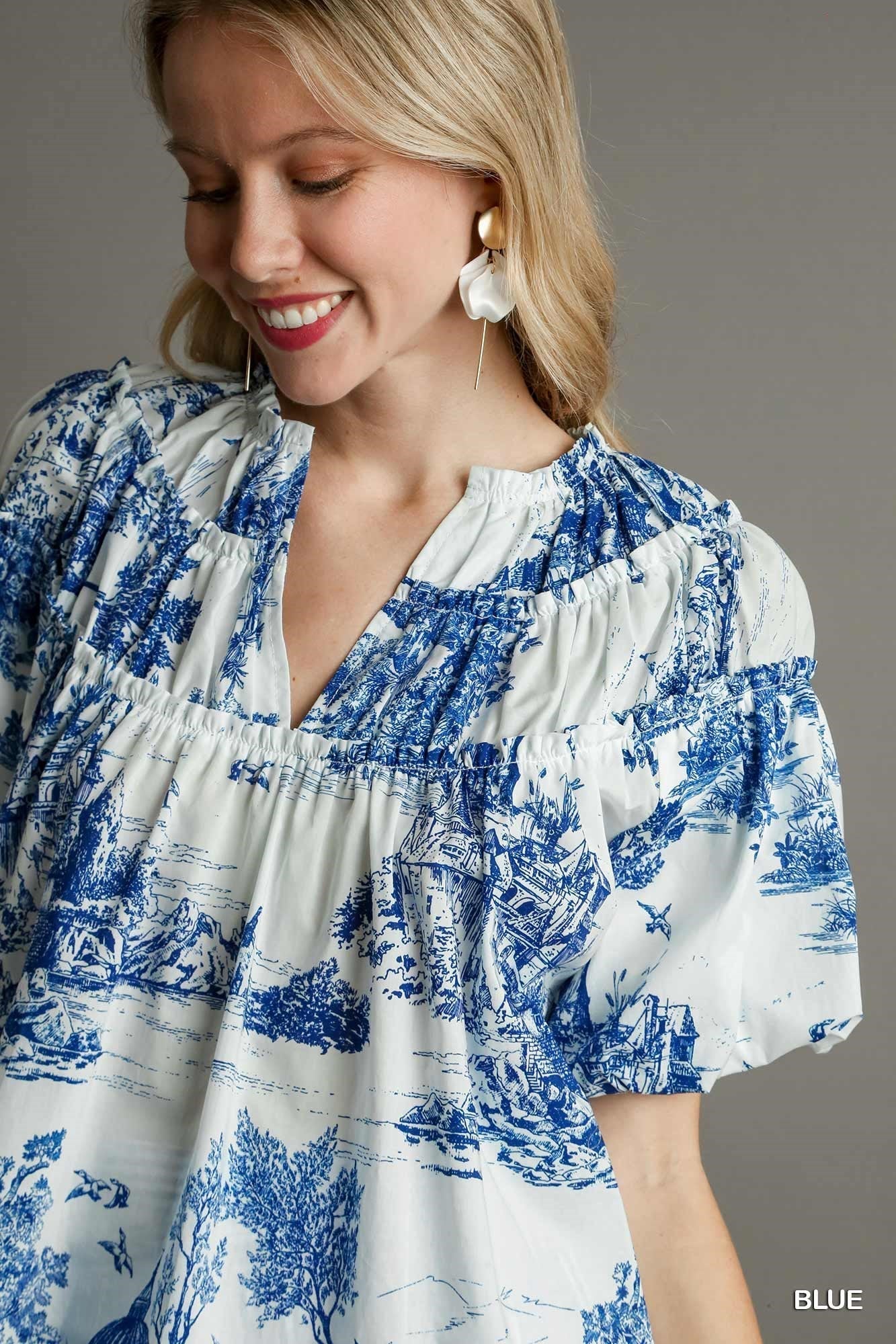 blue toile puff sleeve top
