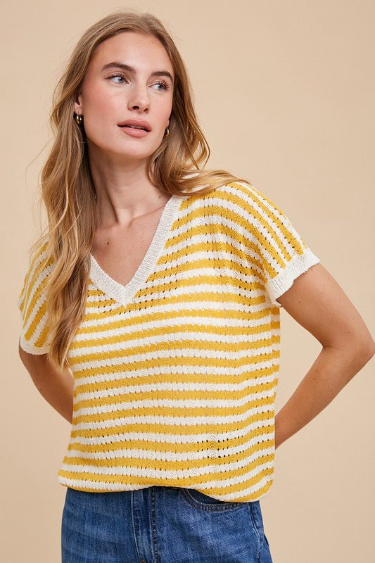 yellow stripe vneck sweater top