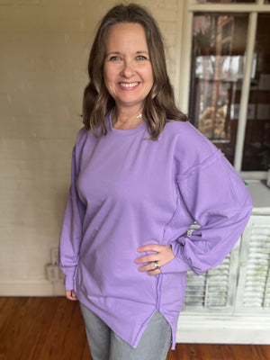 oversized lavender sweatshirt