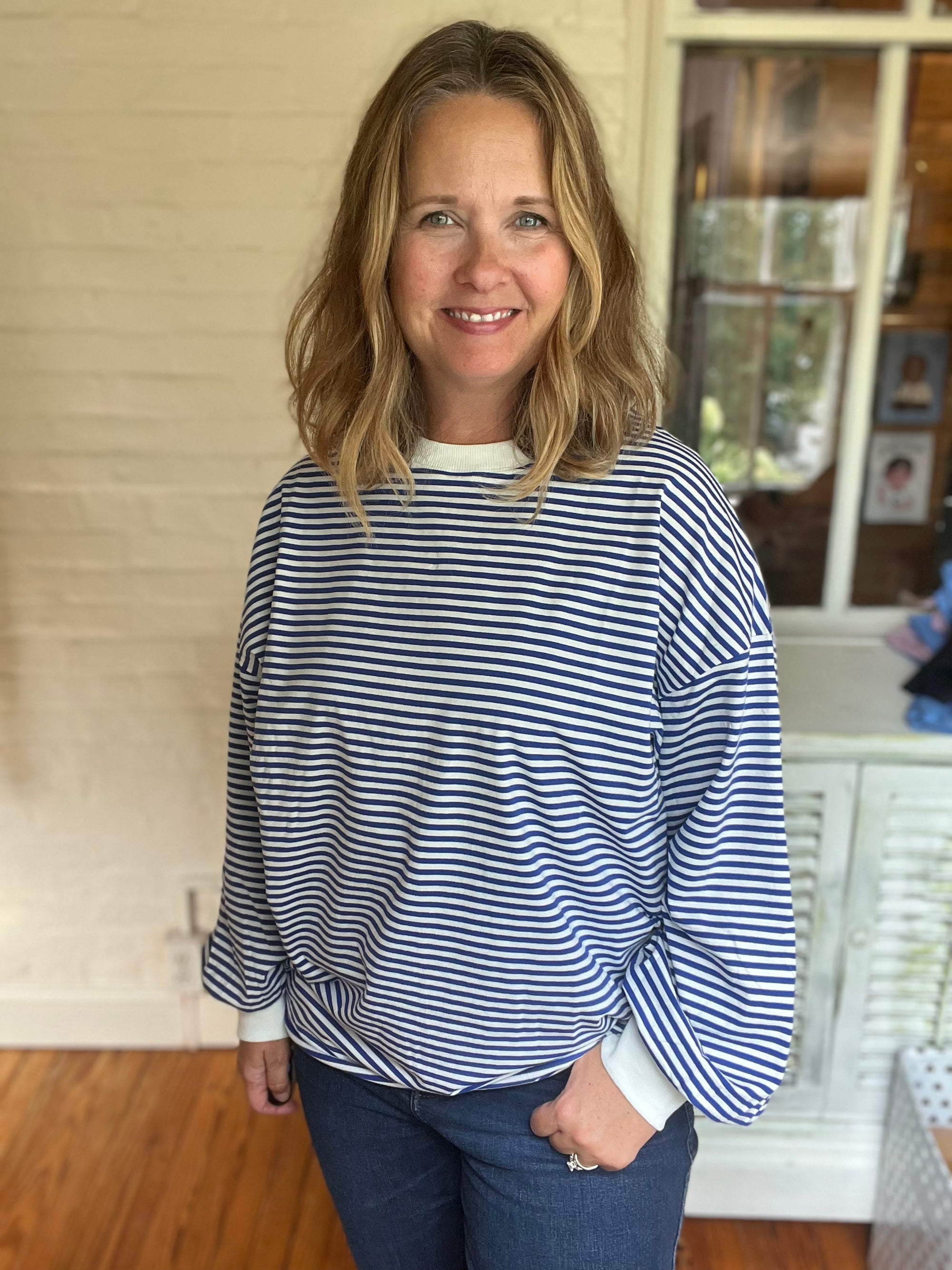 blue striped puff sleeve top