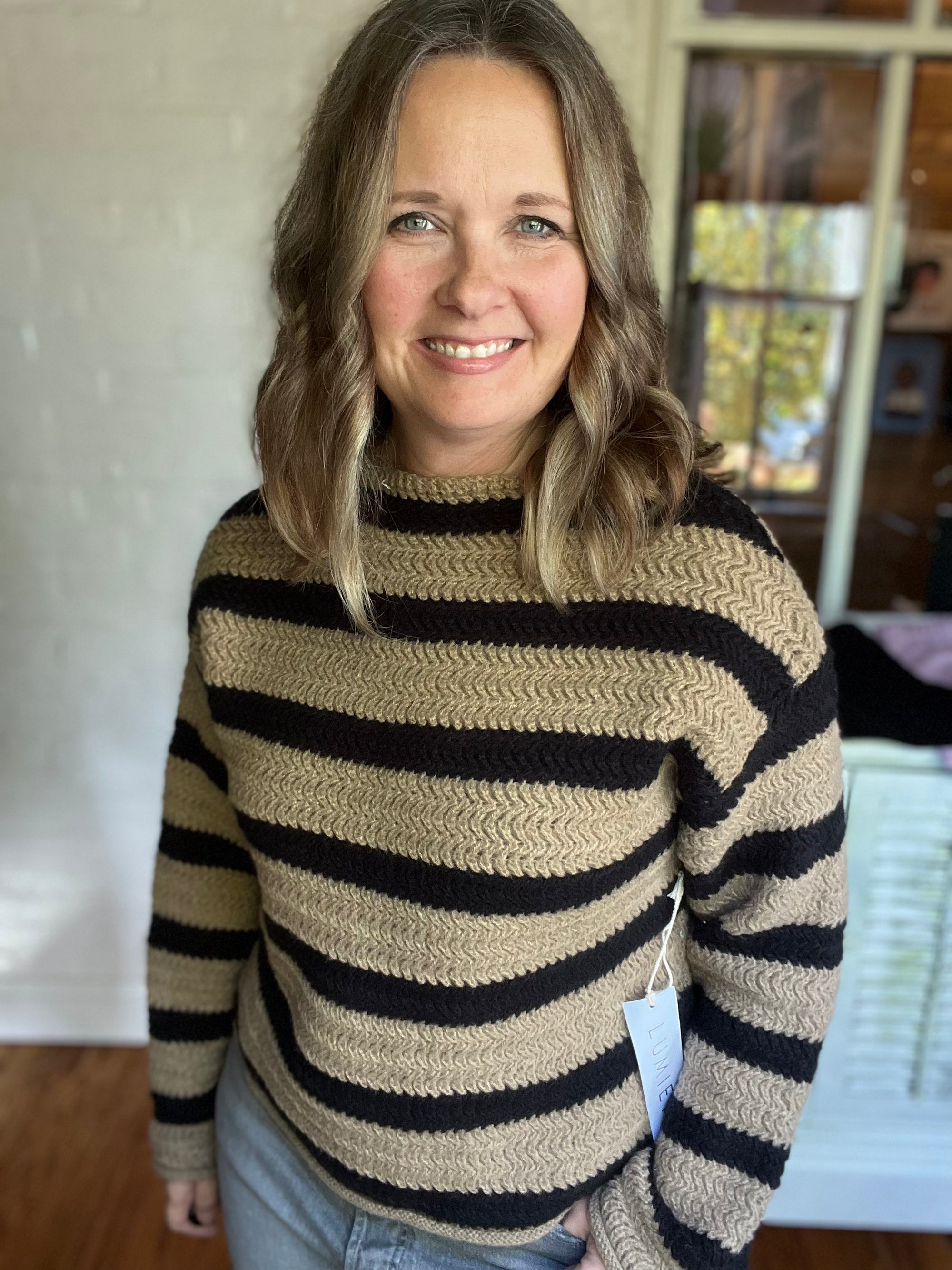 black and taupe stripe sweater