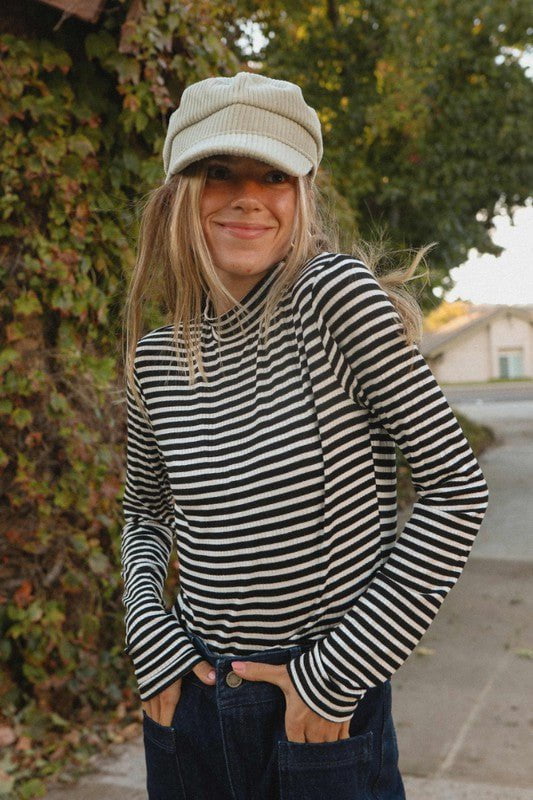 black white stripe mock turtleneck long sleeve top