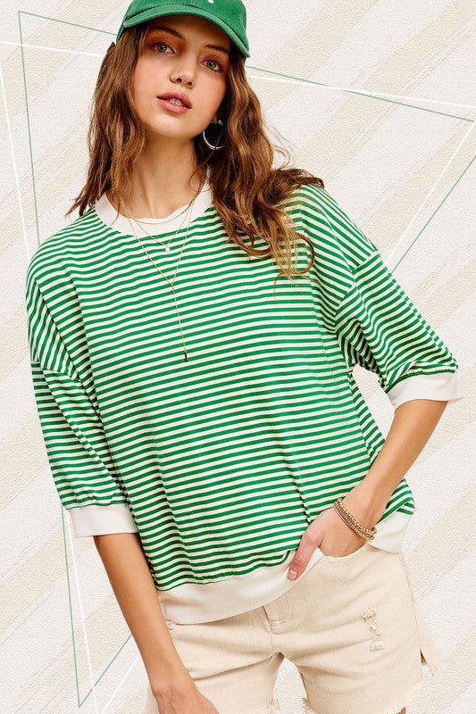 green and white stripe short sleeve top