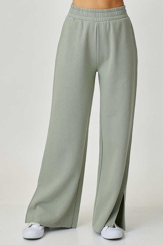 wide leg mint sweatpants with side slit