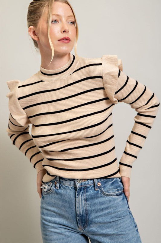 cream and black stripe ruffle accent long sleeve top
