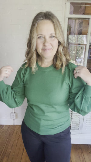 Green Pointelle Puff Sleeve Sweater