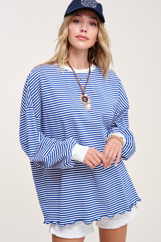 blue striped puff sleeve top
