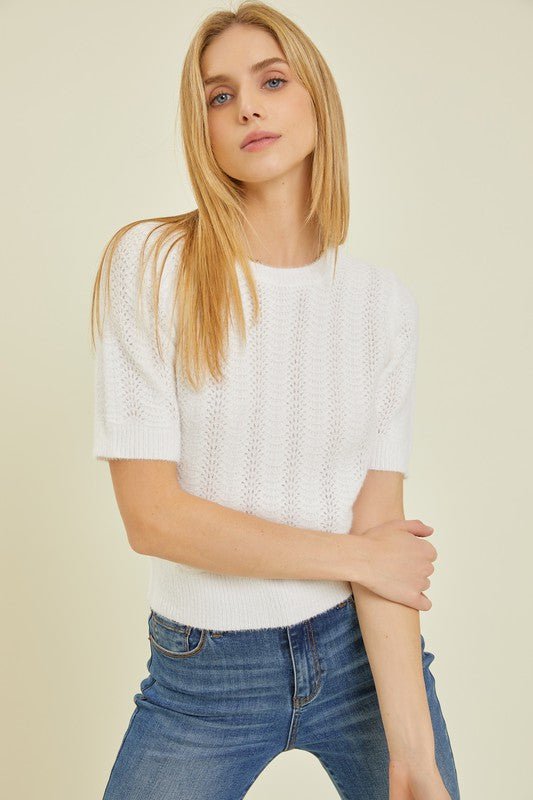 white short sleeve sweater top