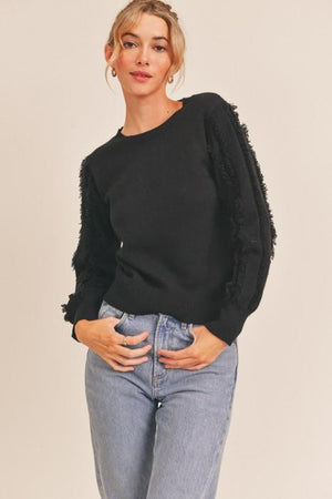 Black Fringe Sleeve Fitted Sweater