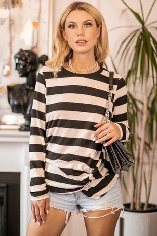 brown and black stripe front knot top