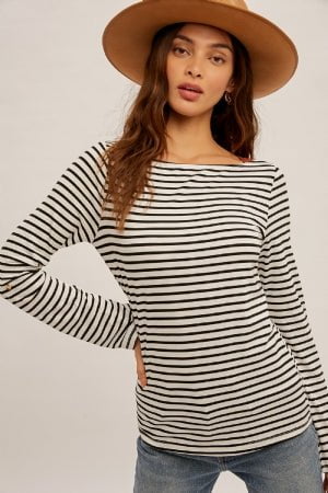 Striped black and white long sleeve top with fold sleeves