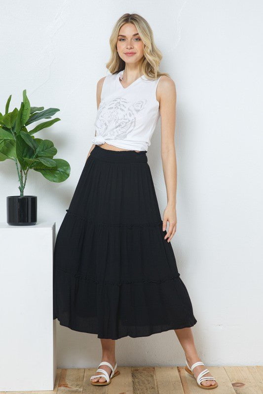 Tiered Elastic Waist Skirt - Black