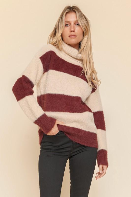 burgundy stripe cowl neck sweater