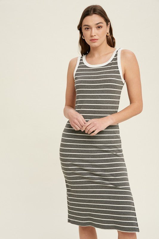 grey and white stripe tank midi dress