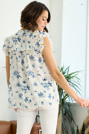 White and Blue Floral Sleeveless Top
