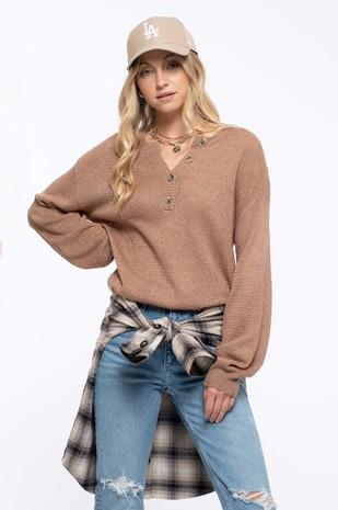 brown henley v-neck sweater