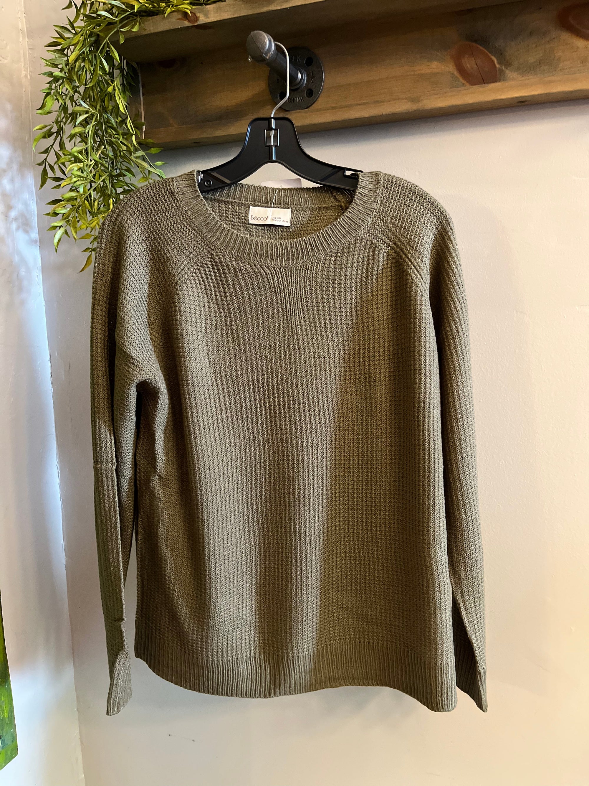 olive waffle sweater top