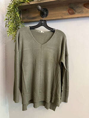 Olive V-Neck Lightweight Sweater