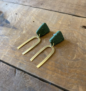 olive clay earrings with metal accent