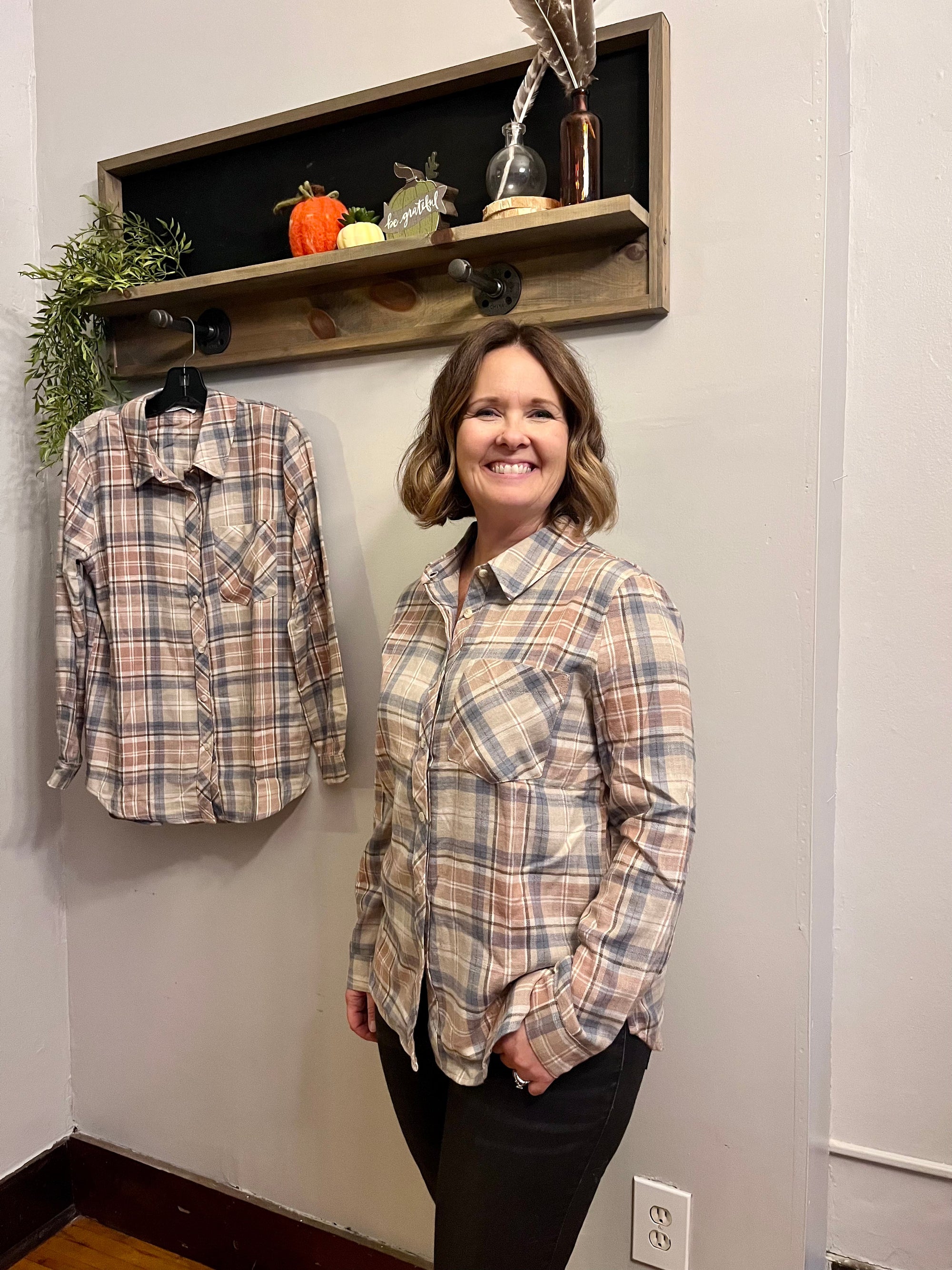 grey pink plaid flannel top