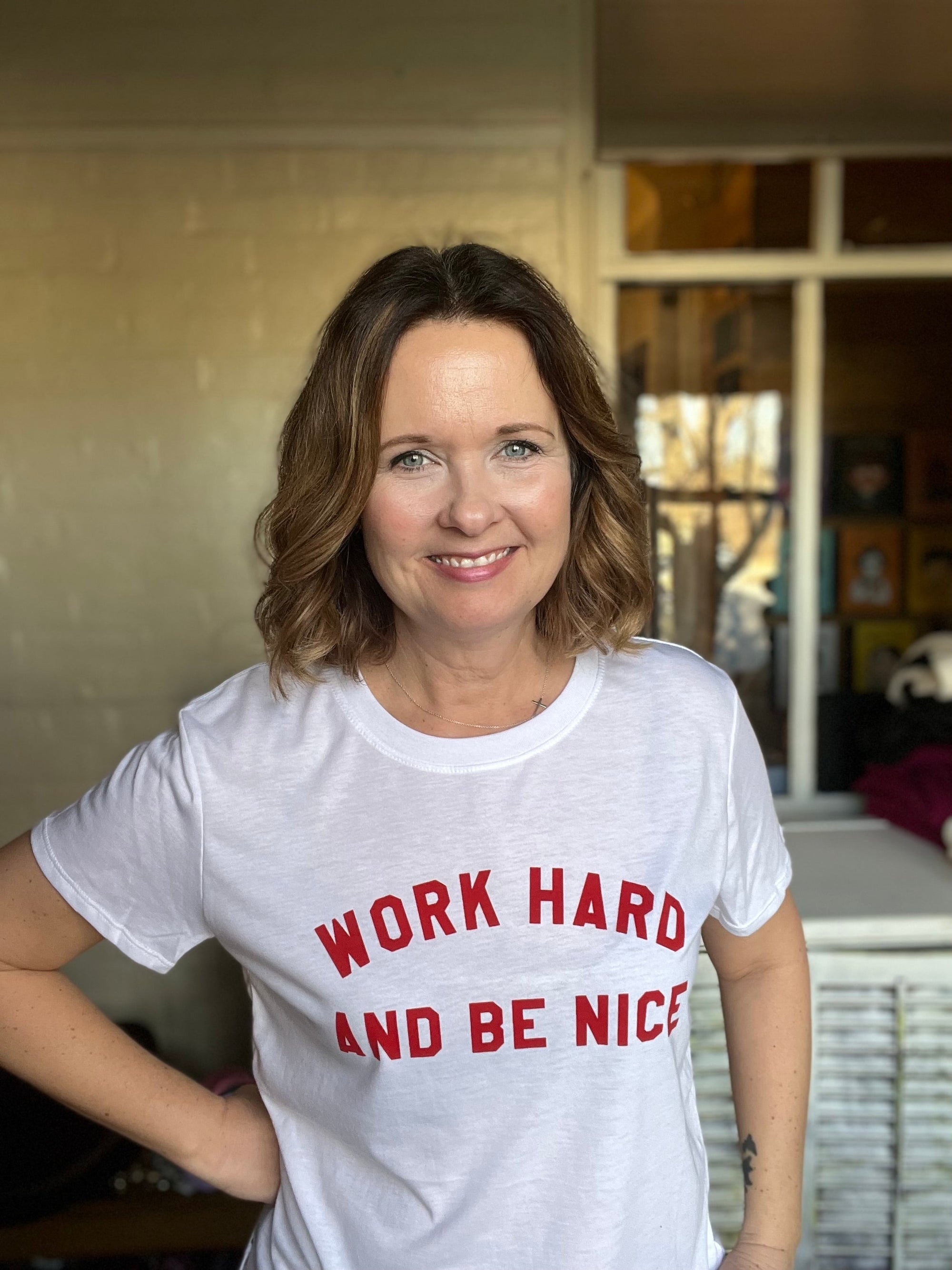 work hard and be nice graphic t-shirt