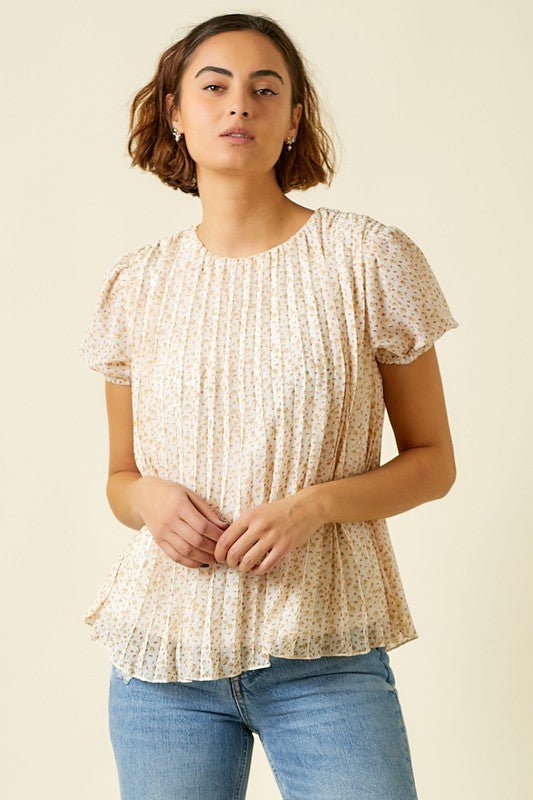 floral pleated short sleeve top
