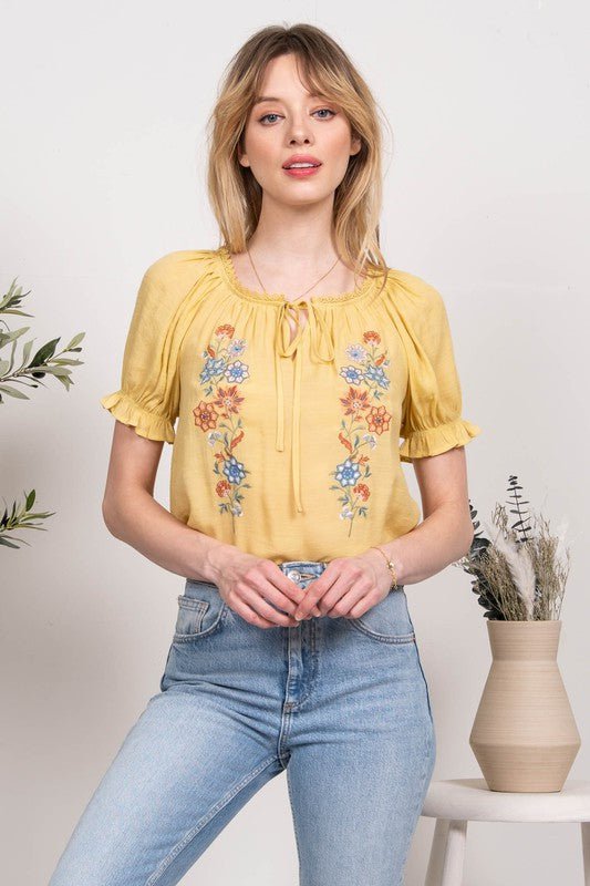 mustard embroidered spring short sleeve top