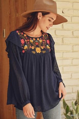 navy embroidered floral swiss dot long sleeve top