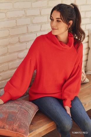 red cowl neck balloon sleeve sweater