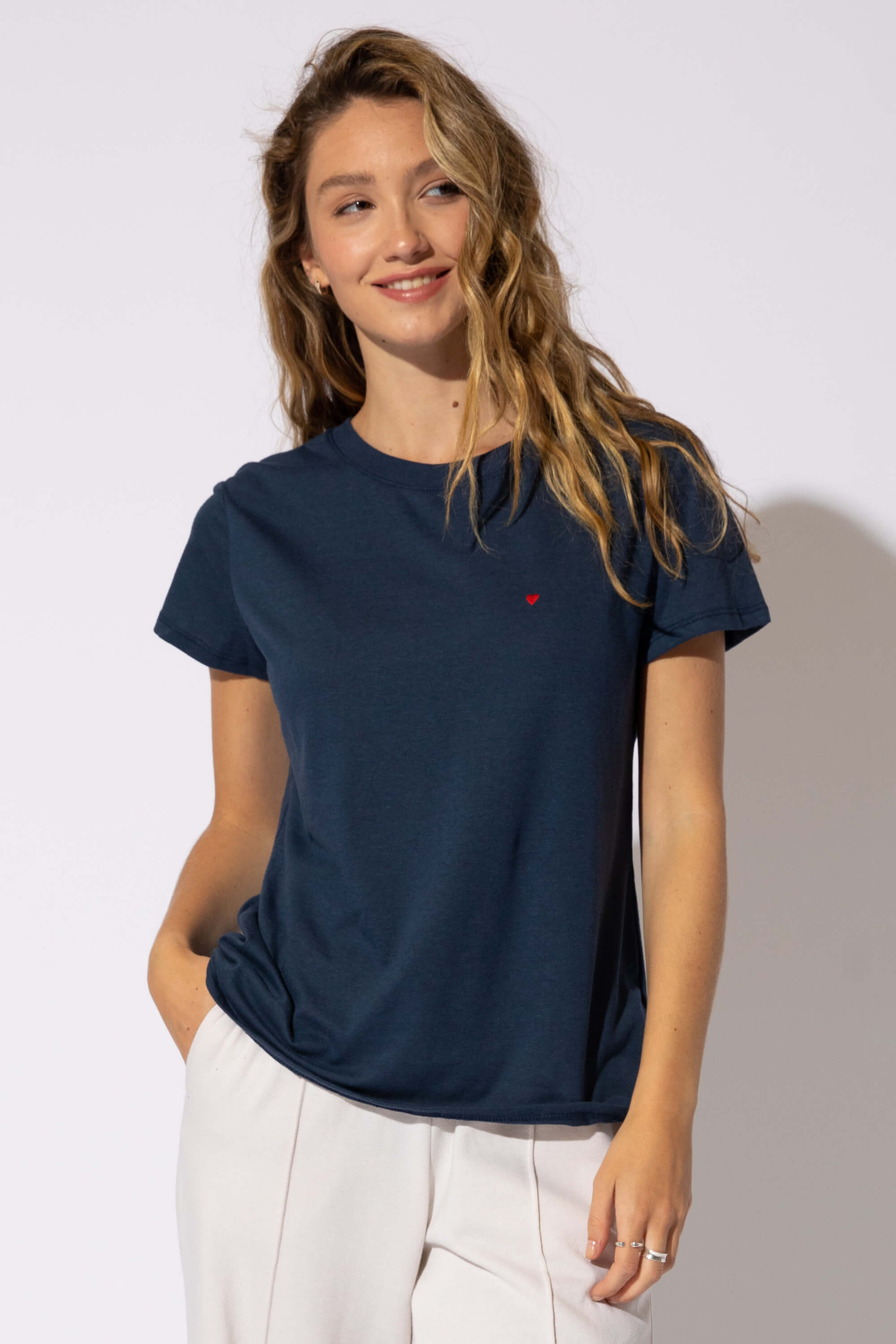 navy short sleeve top with red heart