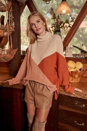 Rust Color-block Turtleneck Sweater