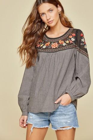 Embroidered floral long sleeve top