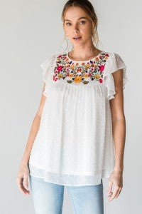embroidered floral swiss dot flutter sleeve top