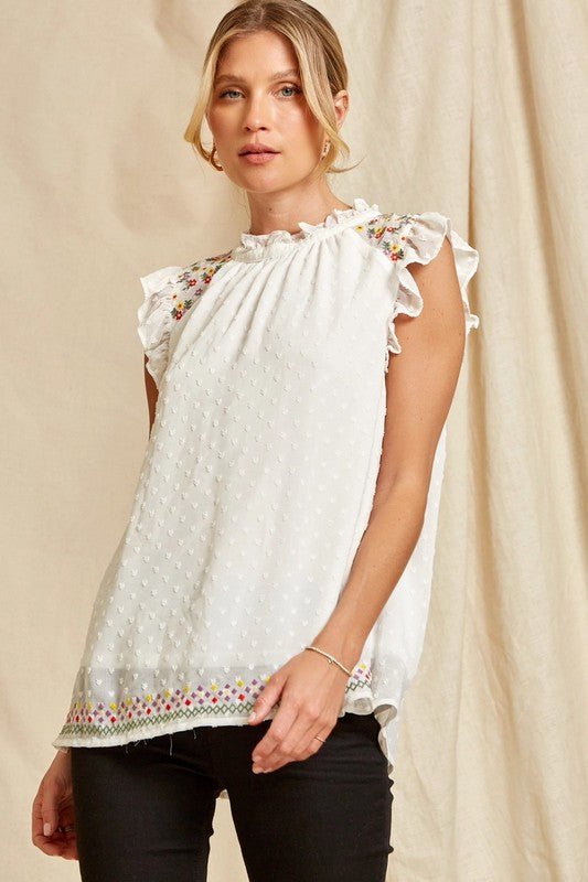 white floral embroidered swiss dot top